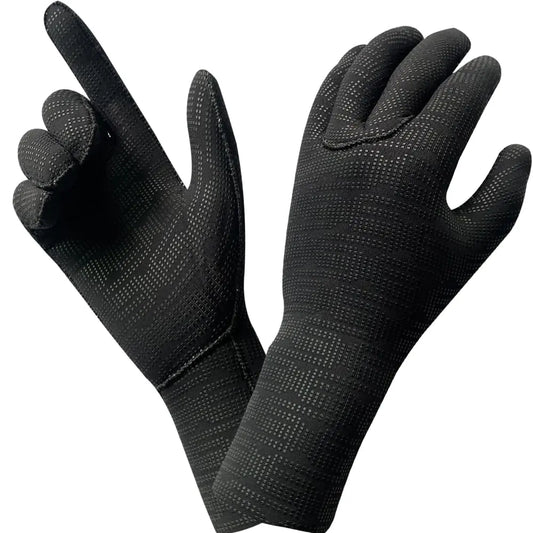 Pair of black diving gloves with textured palm on a white background
