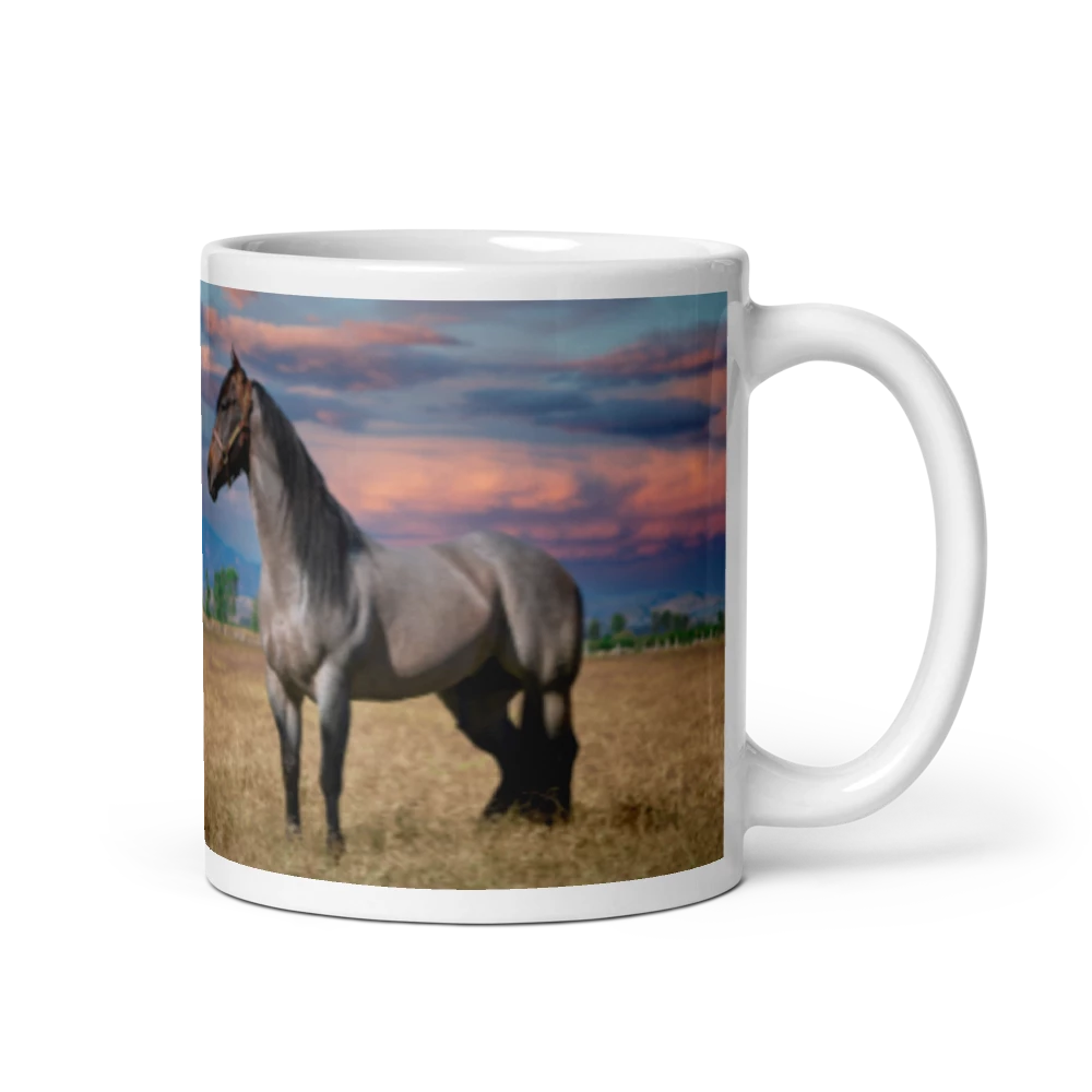 White Ceramic Mug with Horse in Front of Purple Sky Design