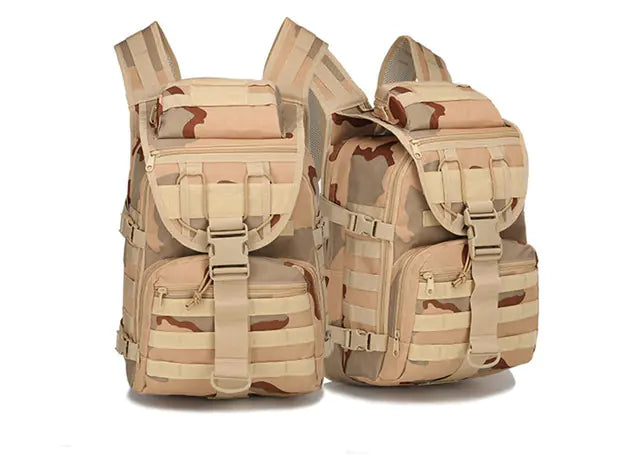 Camouflage backpack and sling bag set on a white background