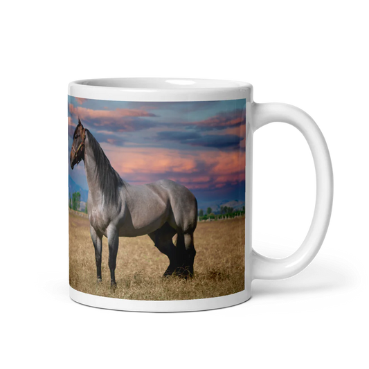 White Ceramic Mug with Horse in Front of Purple Sky Design
