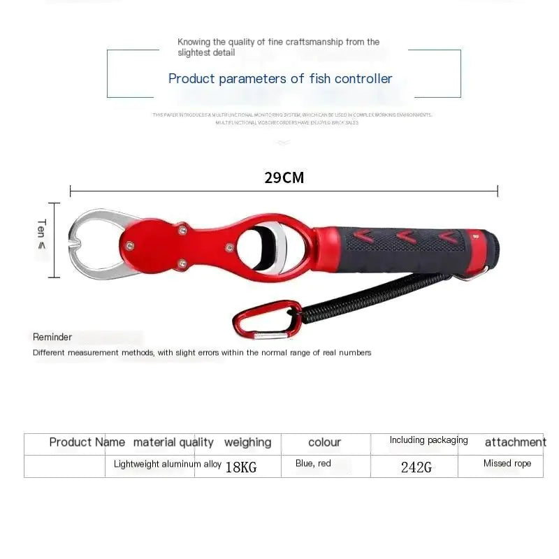 Red and black fish controller with measurements on a white background