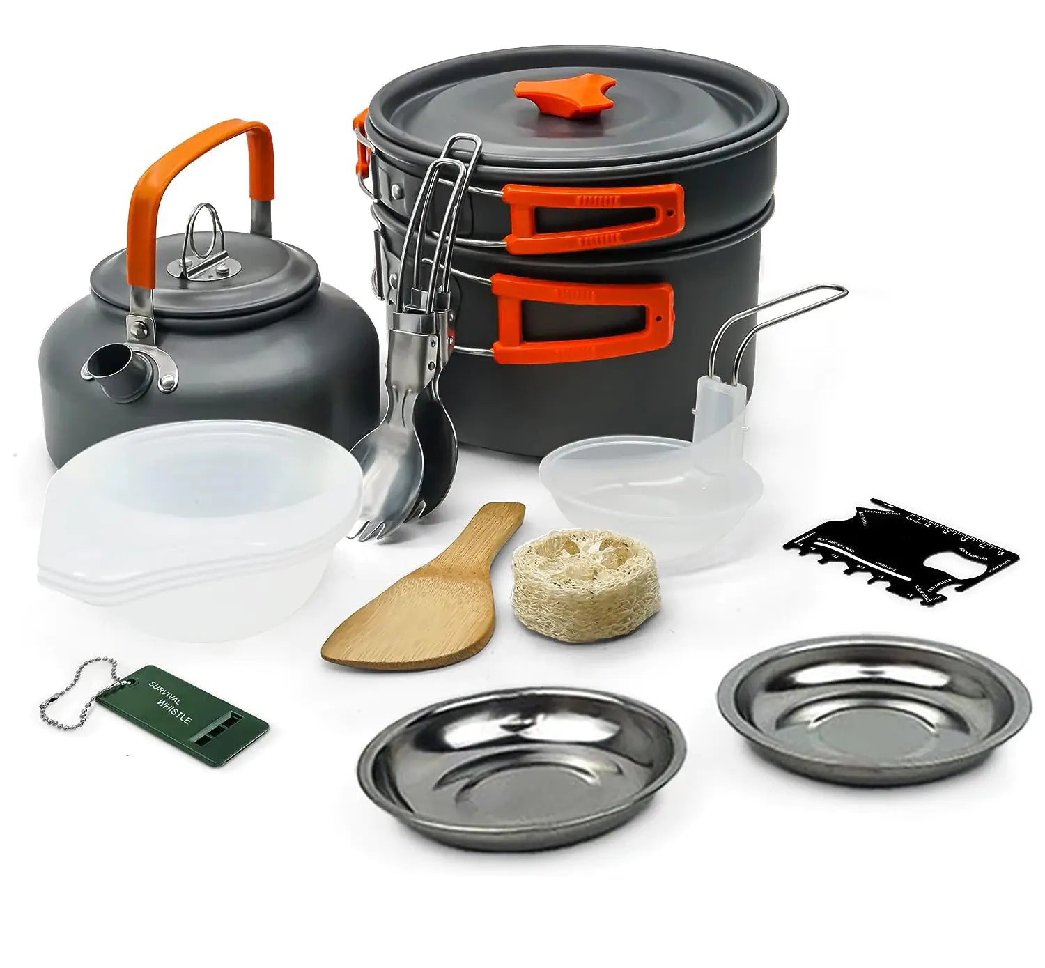 Collection of camping cookware and utensils on a white background