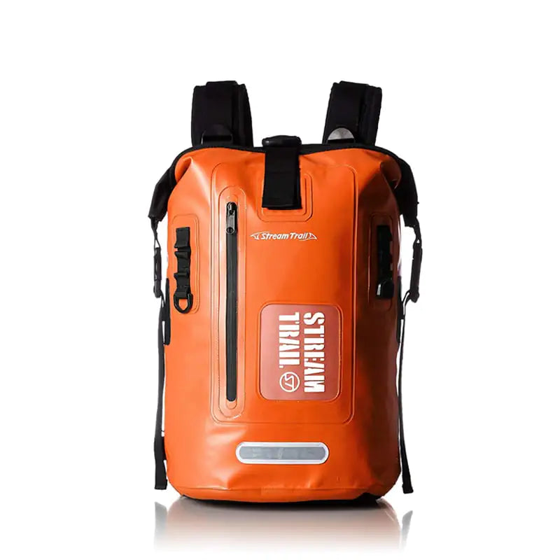 Orange waterproof diving backpack with visible branding on a white background