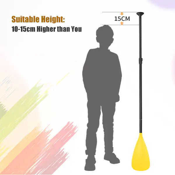 Measurement chart showing a paddle suitable for heights 10-15cm higher than the user, with a silhouette of a child and a yellow paddle.