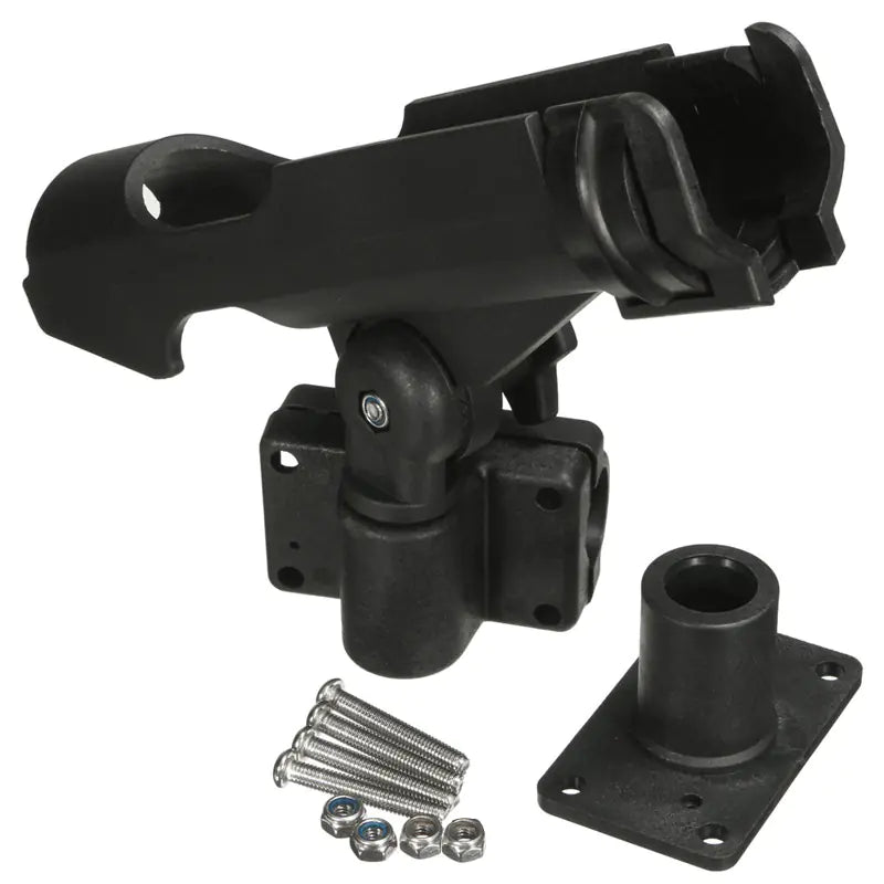 Black metal fishing rod holder with mounting hardware on a white background