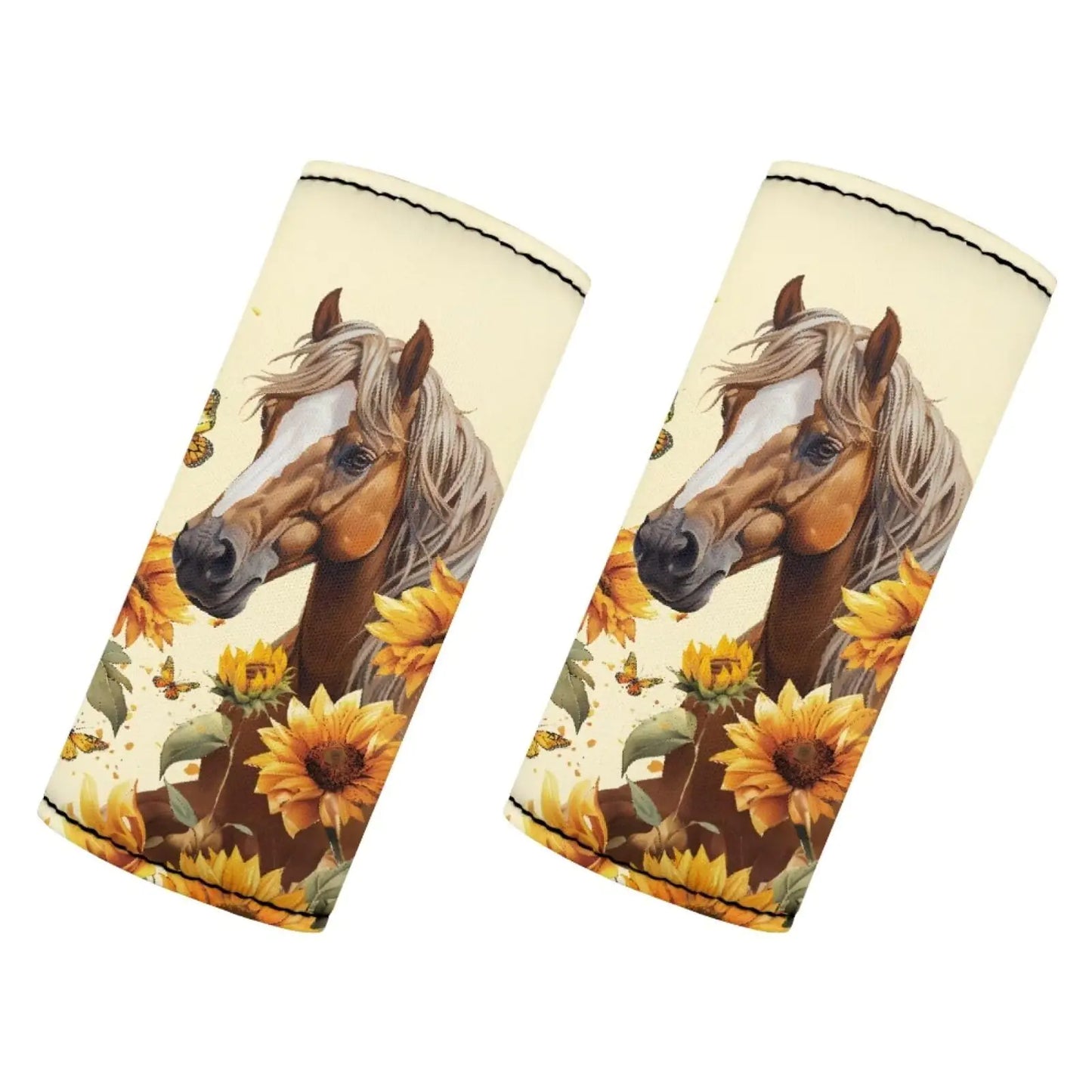 Two luggage handle sleeves with horse and sunflower design on a white background