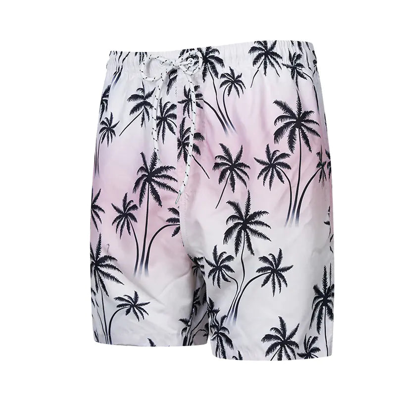 White shorts with black palm tree pattern on a white background