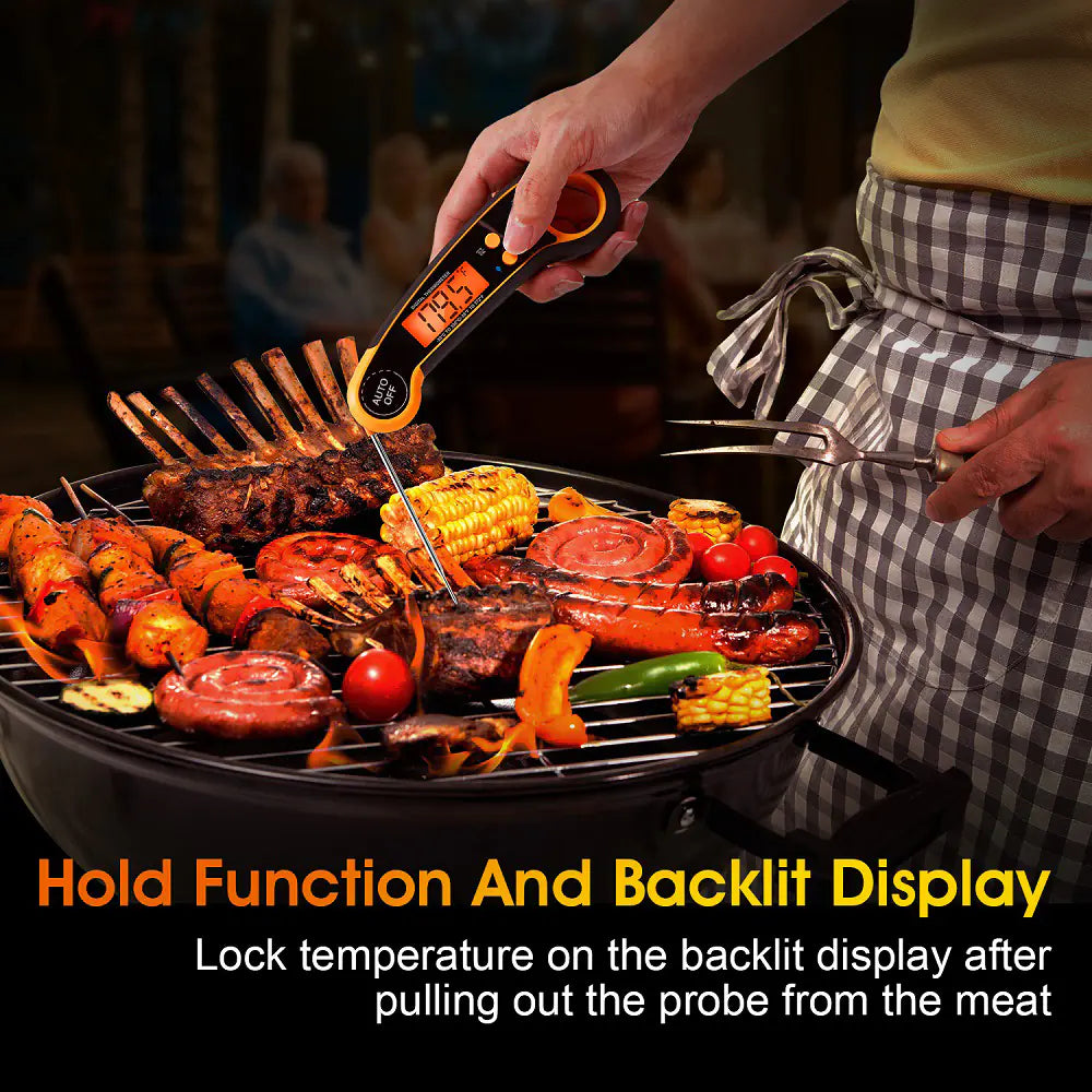 Person using a digital thermometer on a grill with various meats and vegetables.