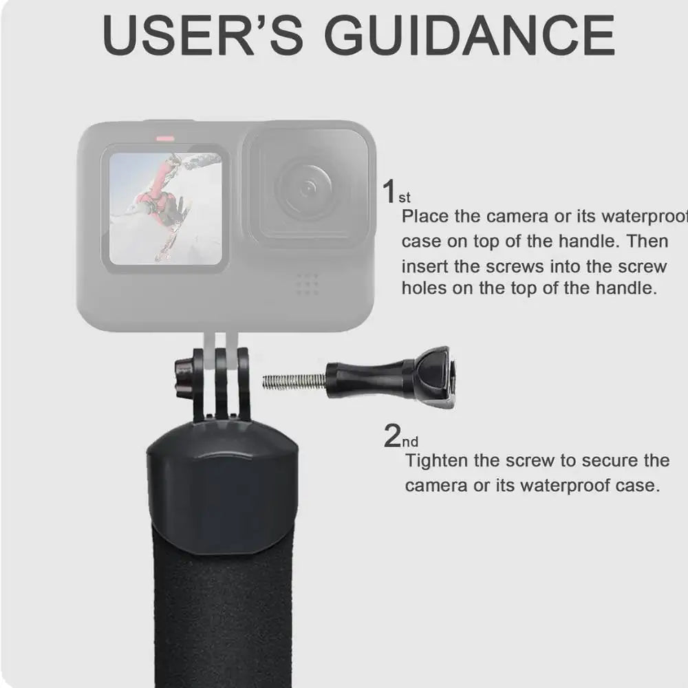 Instructions for attaching a camera to a handle with screws on a white background