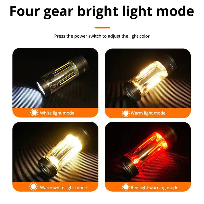 Mini work light with four different light modes on a dark background