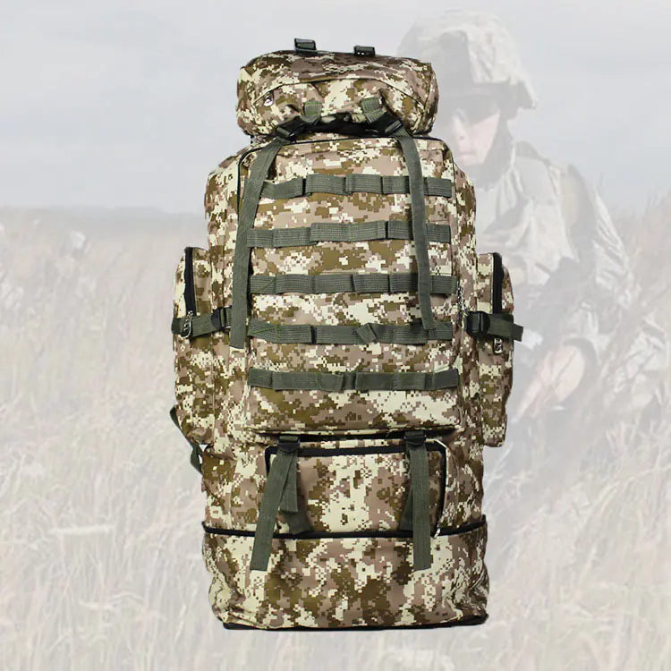 Camouflage backpack with tactical straps on a light gray background