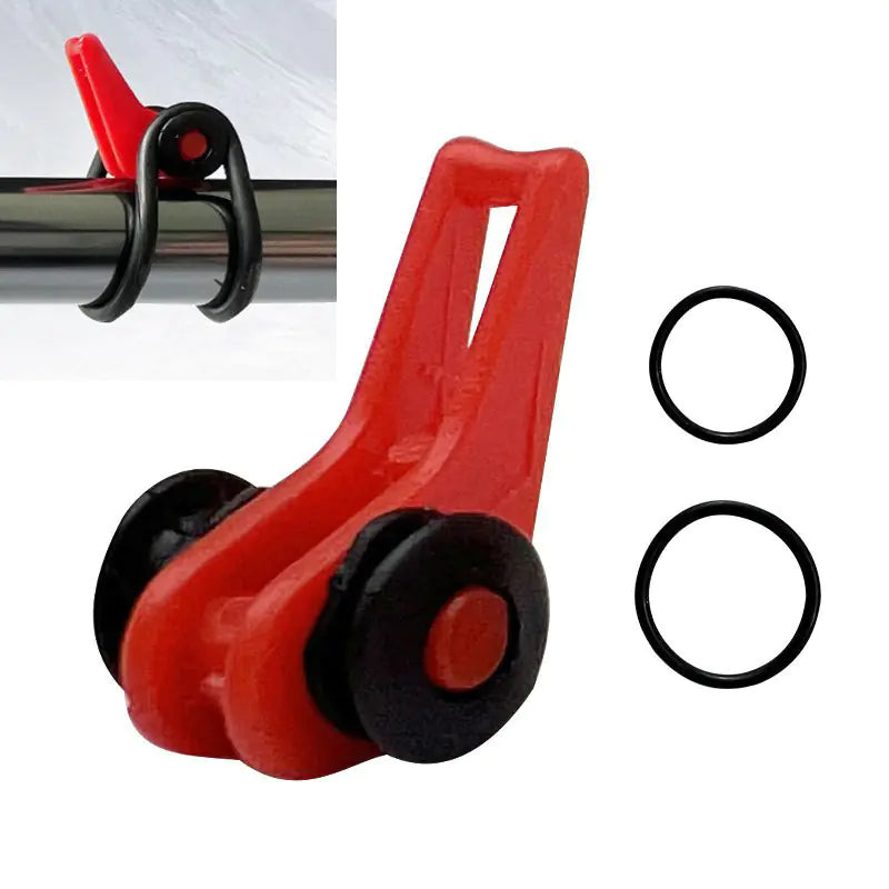 Red and Black plastic bait hanger for fishing pole on a white background