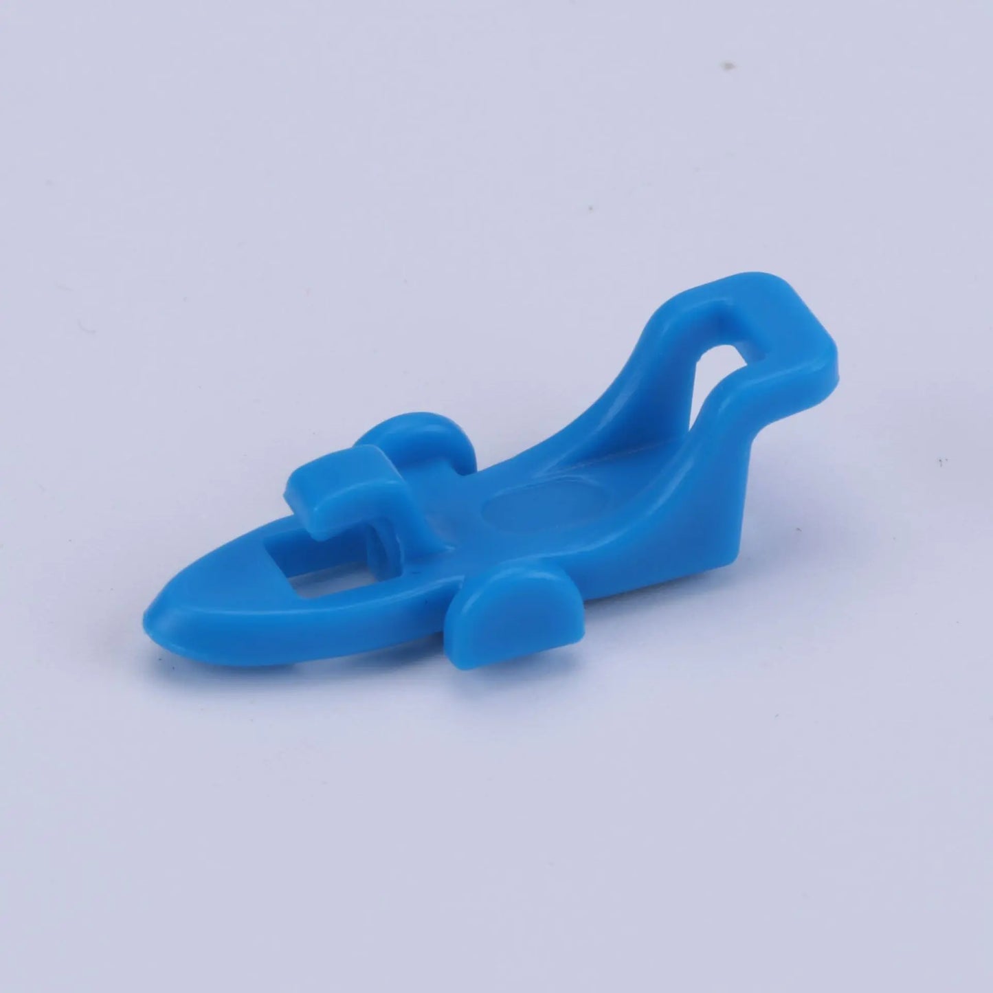 Blue plastic bait hanger for fishing pole on a white background