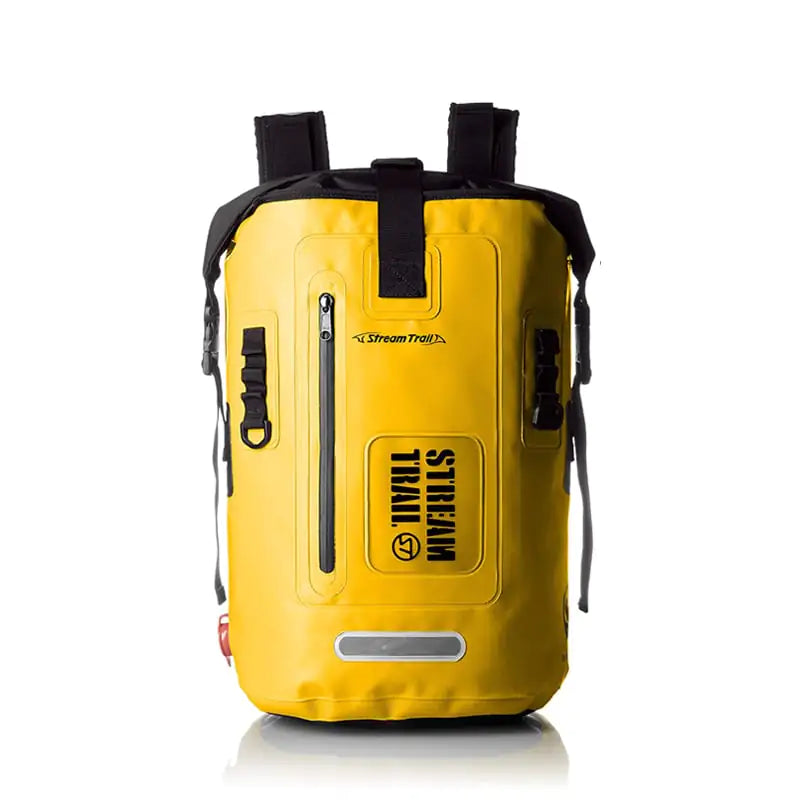 Yellow waterproof diving backpack with visible branding on a white background