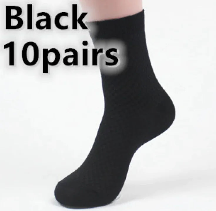 Black bamboo socks with text indicating '10 pairs' on a white background