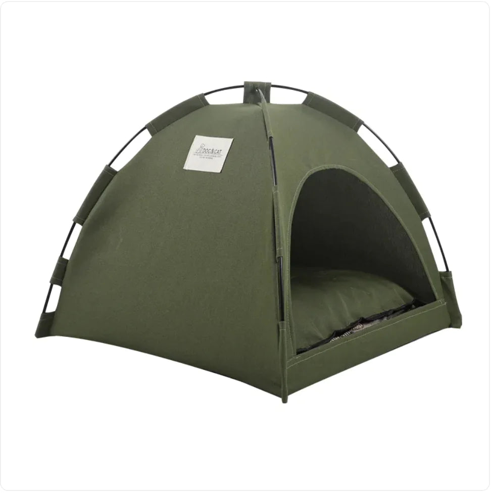 Green Pet cooling tent with a cooling mat inside a on a white background
