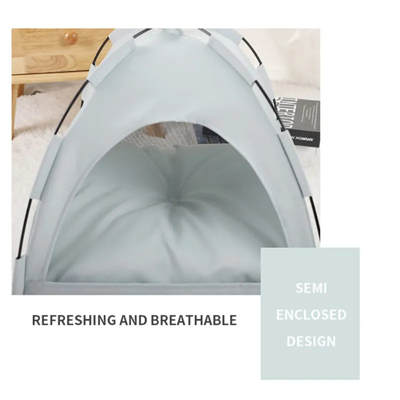 Semi-enclosed pet cooling tent with text 'Refreshing and breathable' and 'Semi-enclosed design'.