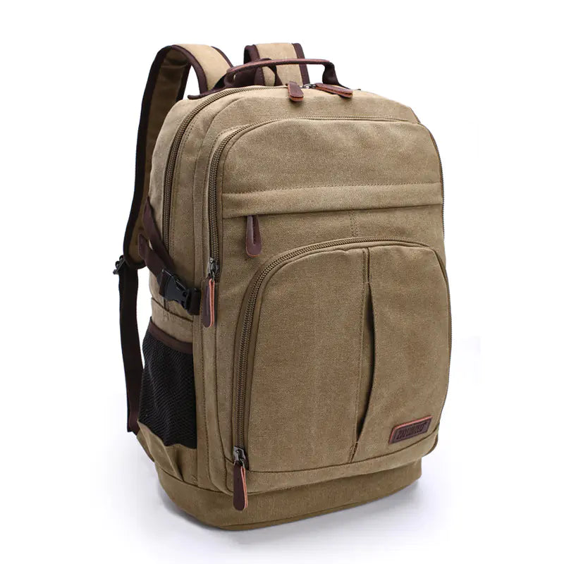 Beige backpack with brown accents on a white background