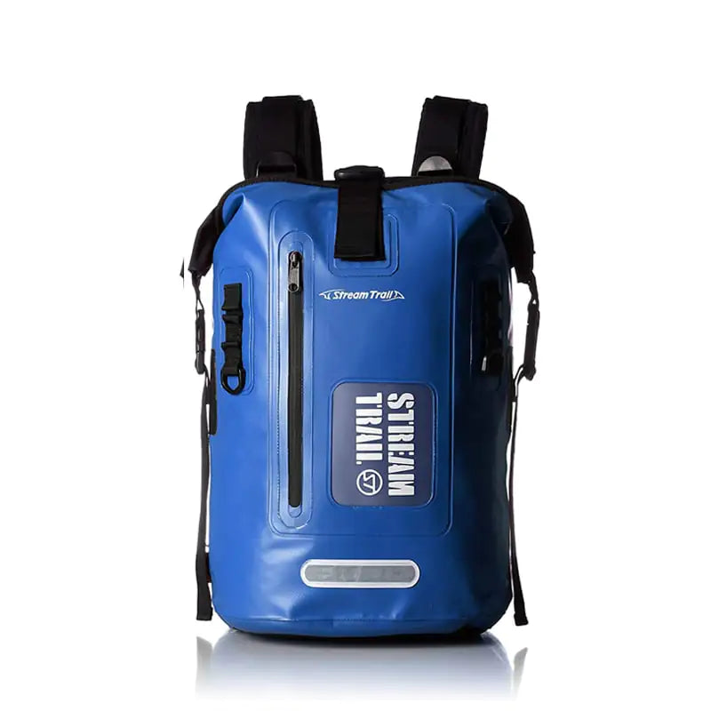 Blue waterproof diving backpack with visible branding on a white background