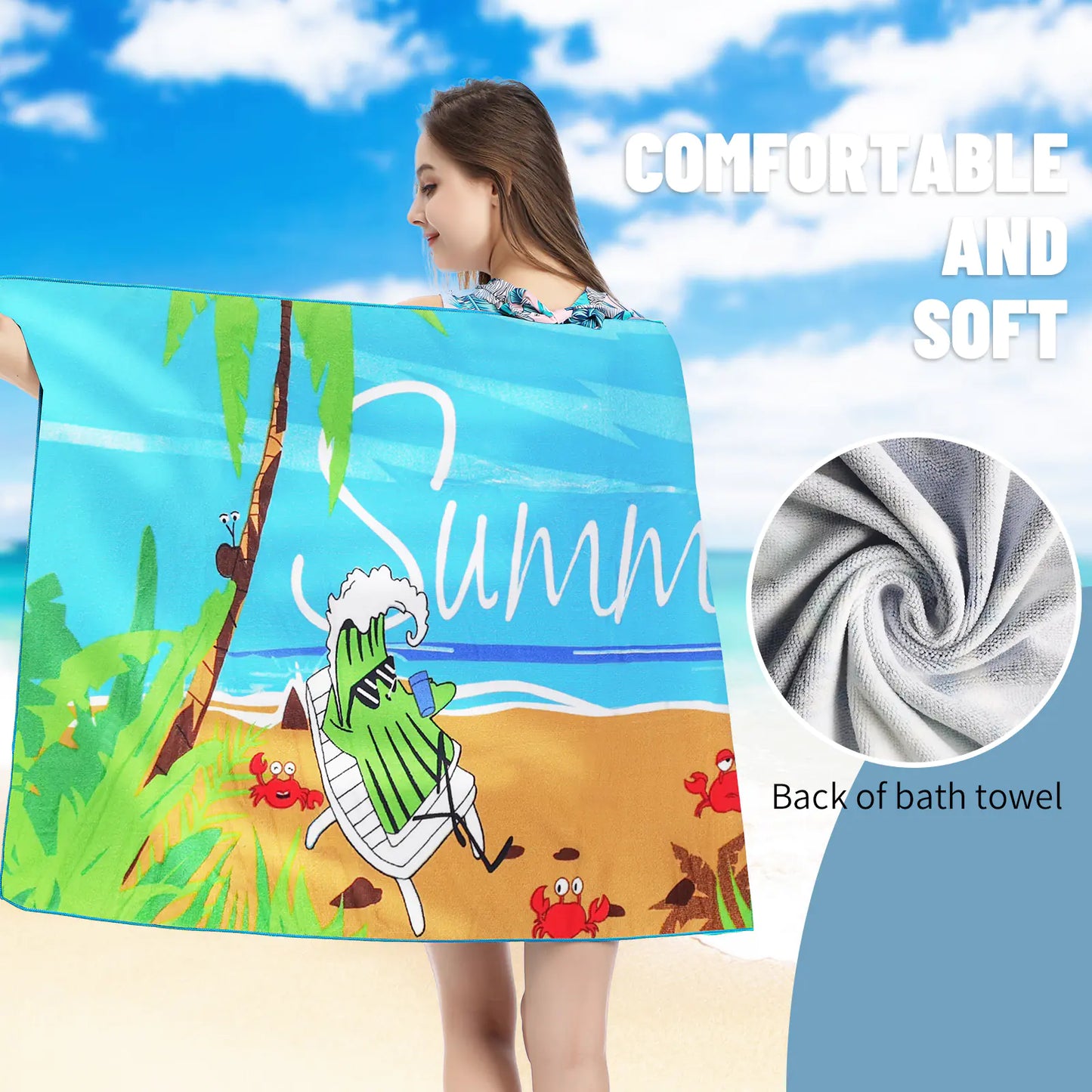 Woman holding a beach towel with a cartoon design against a blue sky.