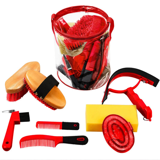 Assorted grooming tools including brushes, combs, and a scrubber on a white background.