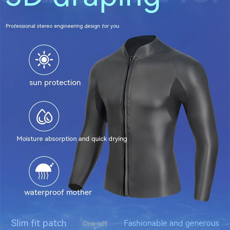 Black long-sleeve diving jacket with a zipper on a blue background with features listed-sun protection, quick drying