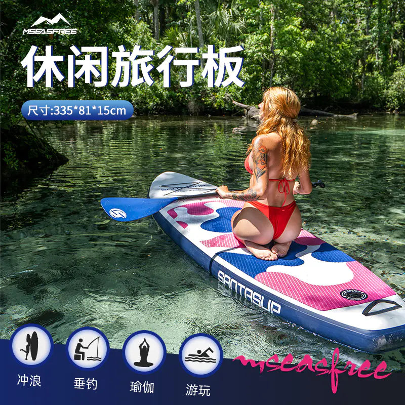 Woman on an inflatable paddleboard in a natural setting with Santasup branding.