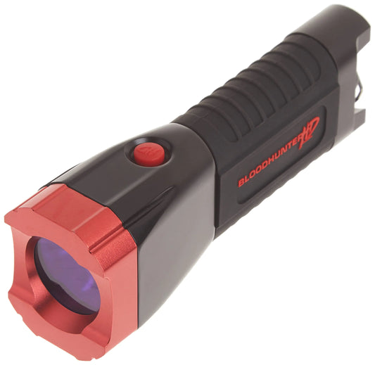 Black and red blood tracking light with 'Bloodhound' branding on a white background