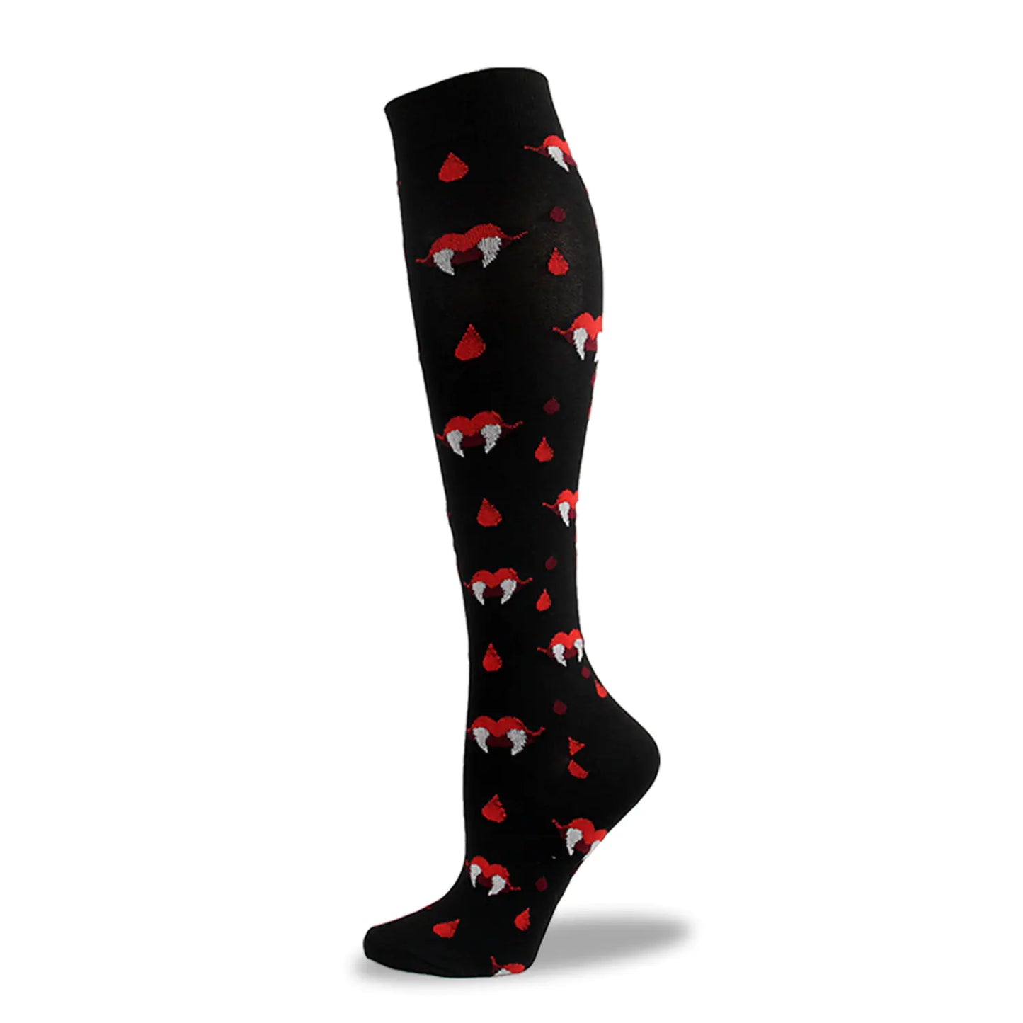Black knee-high compression sock with red and white vampire fang design print pattern on a white background