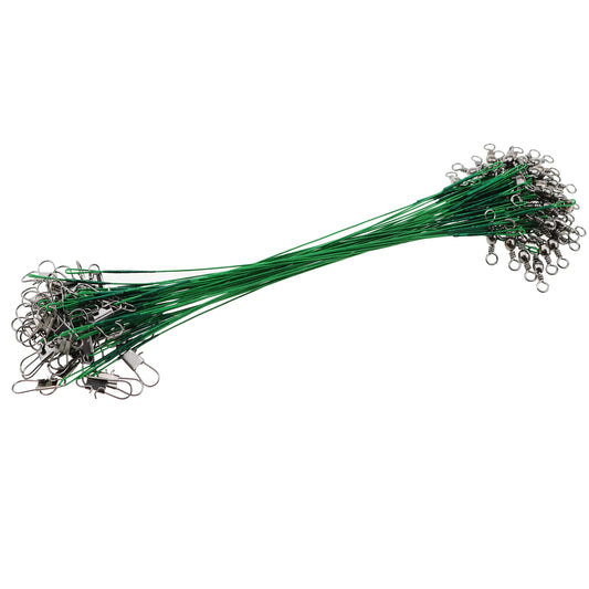 Bunch of green fishing line leads with silver hooks on a white background