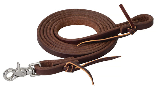 Brown leather roper rein with scissor clasp at one end, raw hide tye at the other