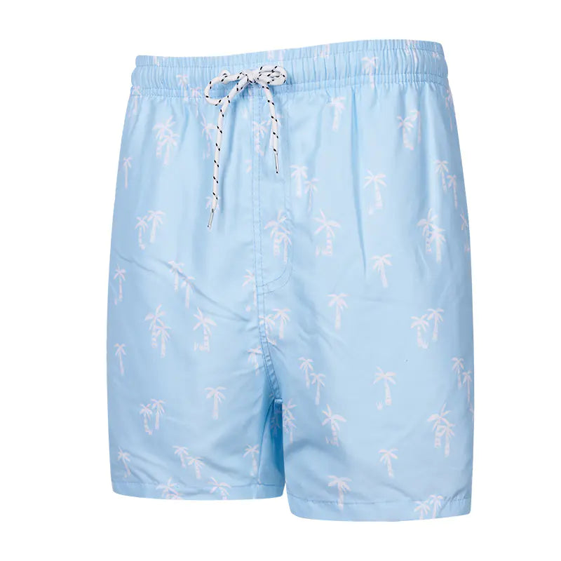 Light blue swim shorts with palm tree pattern on a white background