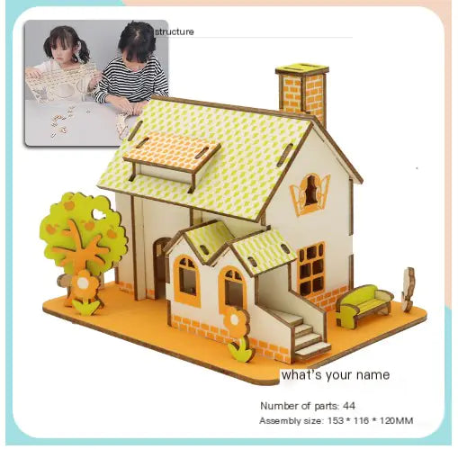 3D puzzle house model with a tree and bench on a white background