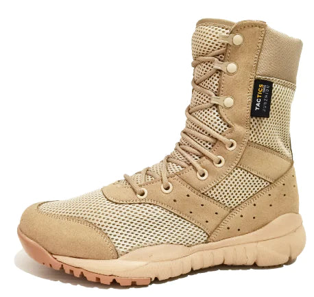 Tan tactical boot with mesh design on a white background