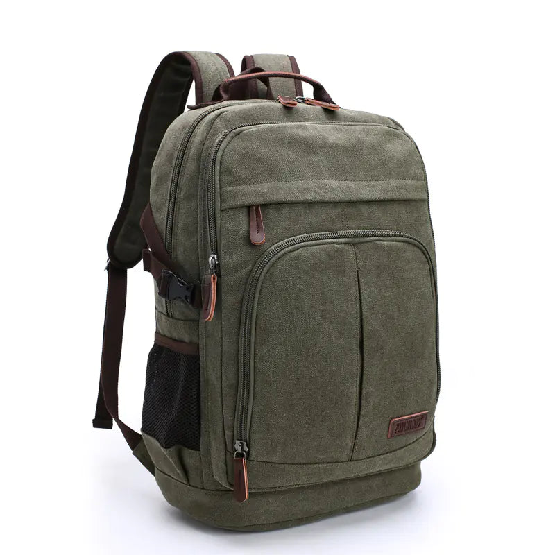 Green backpack with brown accents on a white background