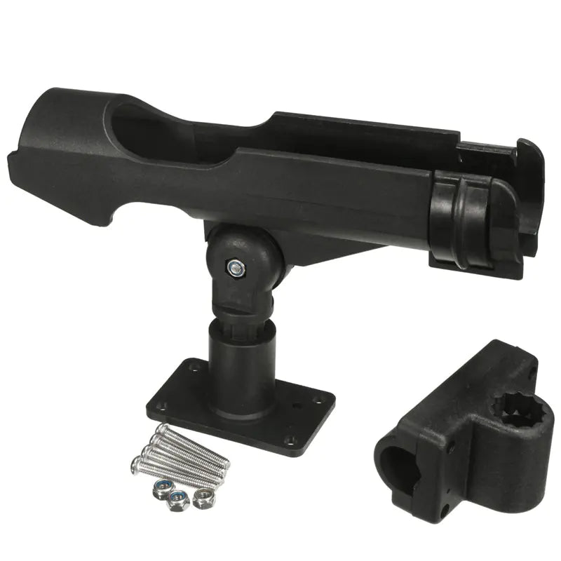 Black fishing rod holder with mounting hardware on a white background
