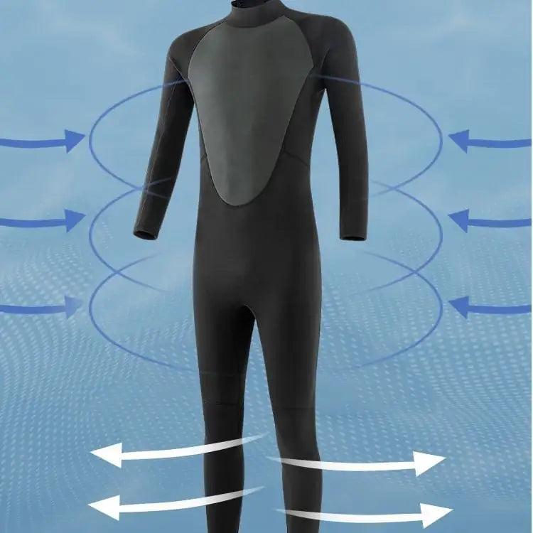 Black wetsuit on a blue background with arrows indicating water flow.