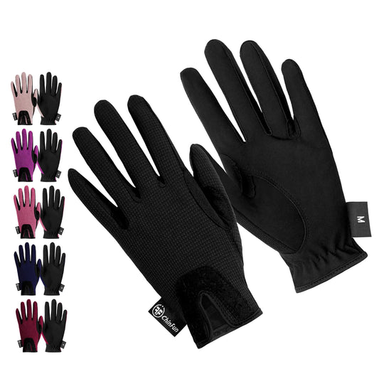 Black riding gloves with a brand logo on a white background, surrounded by smaller images of gloves in various colors.