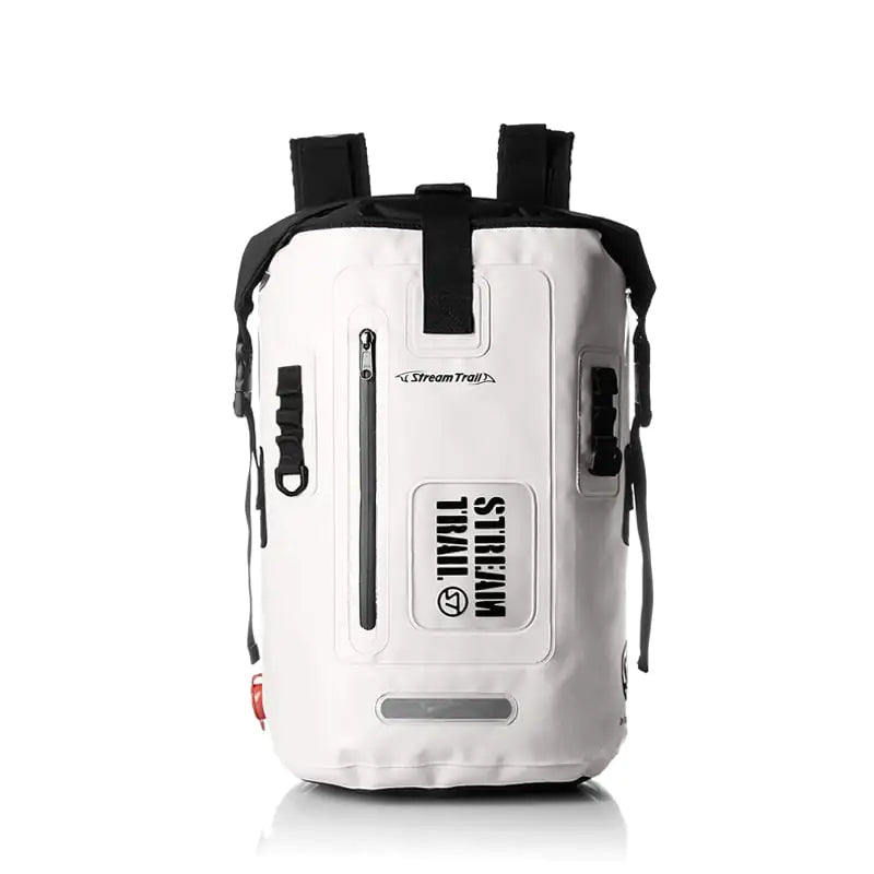 White waterproof diving backpack with visible branding on a white background
