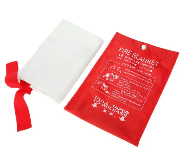 Fire blanket with red carrying case on a white background