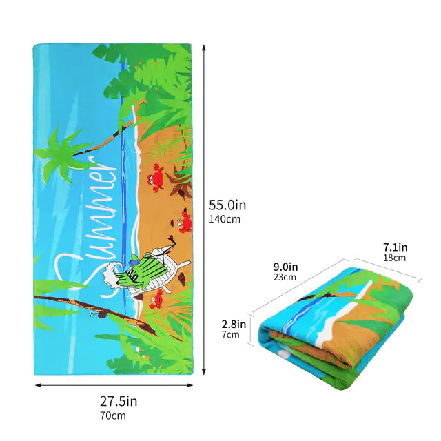 Tropical-themed towel with measurements on a white background