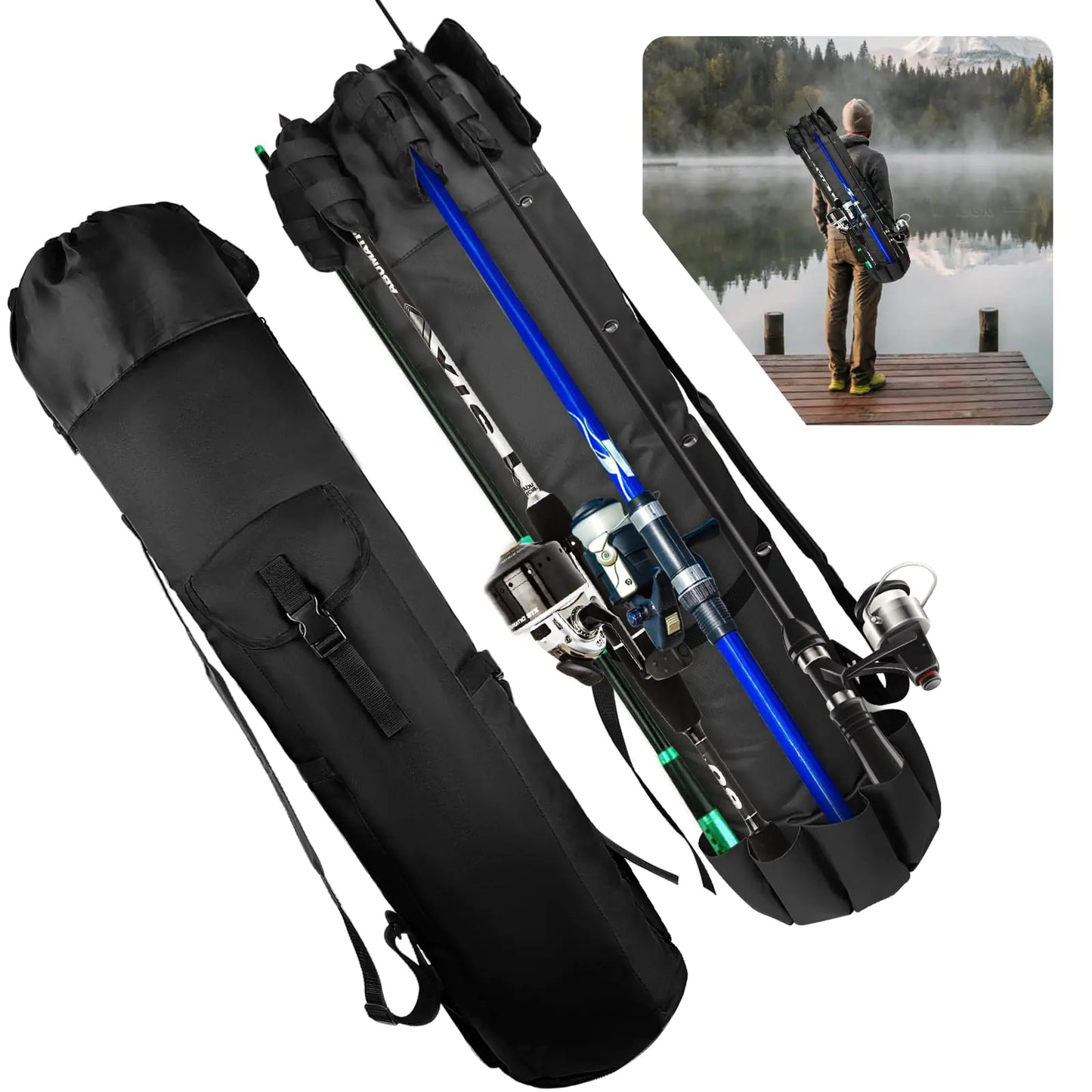 Fishing rod and reel set in a black carrying case with an inset photo of a person fishing.
