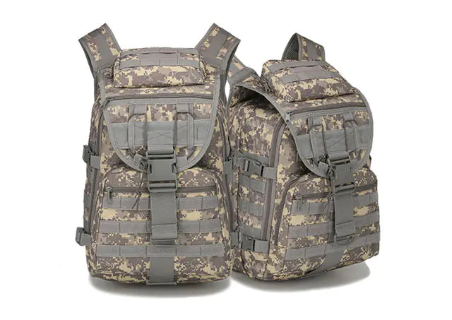 Two camouflage backpacks on a white background