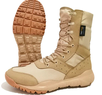 Tan tactical boots with a brand label on a white background