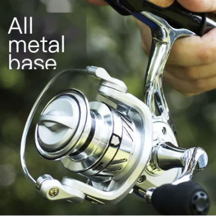 Fishing reel with 'All metal base' text on a blurred green background