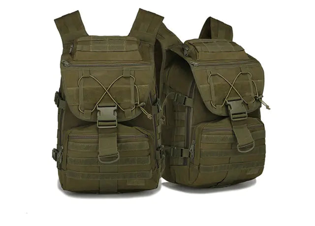 Two green tactical vests with multiple pockets and straps on a white background