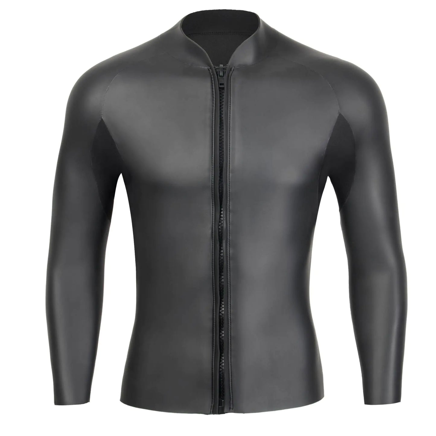 Black long-sleeve diving jacket with a zipper on a white background