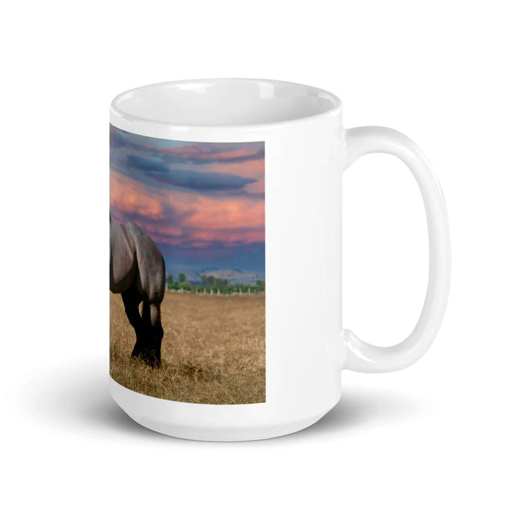 White Ceramic Mug with Horse in Front of Purple Sky Design