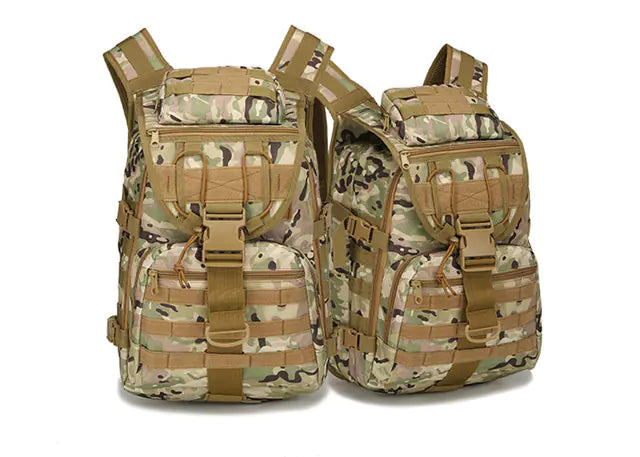 Two camouflage backpacks with multiple straps on a white background