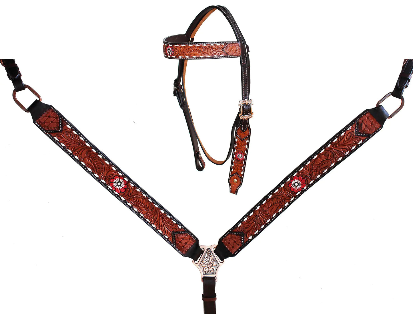 Horse bridle and matching breast collar with intricate hand tooled leather floral designs 